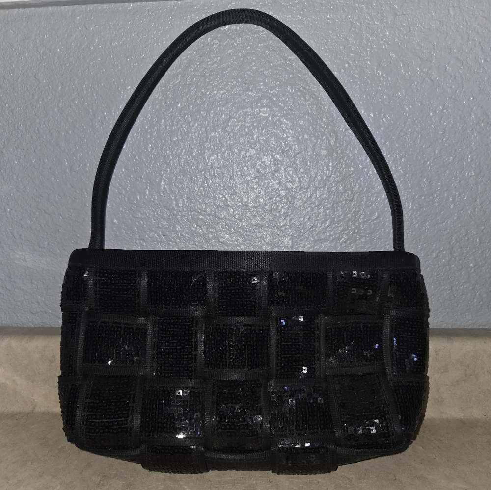 Harveys Original Seatbelt Shoulder Bag Black Blinged Out Sequins Gray Interior